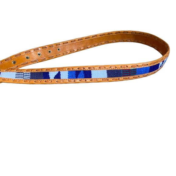 Stitched woven Genuine Leather retro boho indie Print Belt medium brown/blue main image 10
